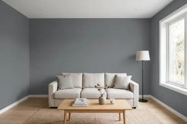 Living room with walls painted Behr Platinum Gray PPF-49 (simulated)