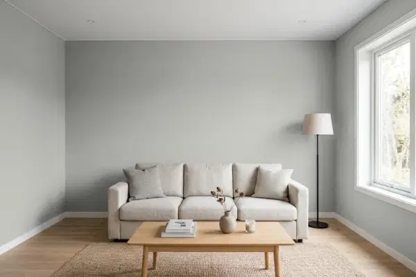 Living room with walls painted Benjamin Moore Platinum Gray PM-7 (simulated)
