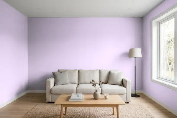 Living room with walls painted Valspar Playful Petal 1001-4B (simulated)