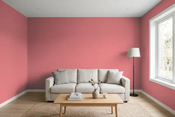 Living room with walls painted Valspar Playful Pink 2001-3B (simulated)