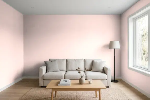 Living room with walls painted Benjamin Moore Pleasant Pink 2094-60 (simulated)