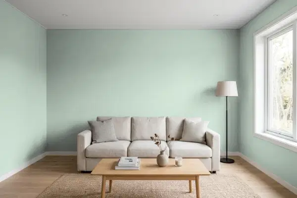 Living room with walls painted Benjamin Moore Pleasant Valley 696 (simulated)