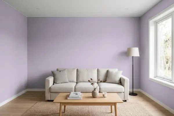 Living room with walls painted Behr Plum Frost 660F-4 (simulated)