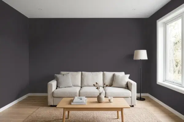 Living room with walls painted Benjamin Moore Plum Martini CSP-540 (simulated)