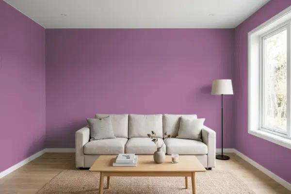 Living room with walls painted Benjamin Moore Plum Perfect 1371 (simulated)