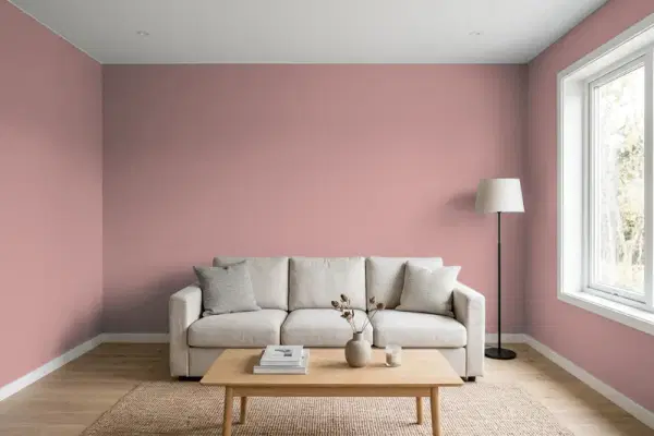 Living room with walls painted Valspar Plum Ribbon 1007-7C (simulated)