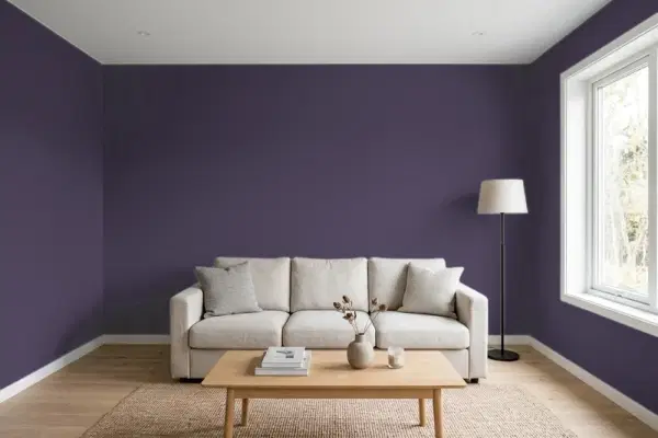 Living room with walls painted Benjamin Moore Plum Royale 2070-20 (simulated)