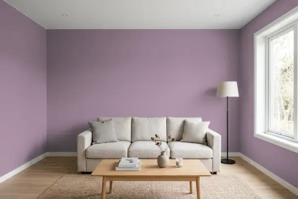 Living room with walls painted Behr Plum Swirl 680F-5 (simulated)