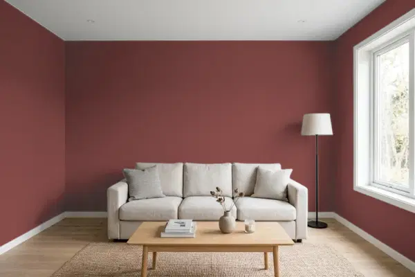 Living room with walls painted Behr Poisonberry BXC-18 (simulated)
