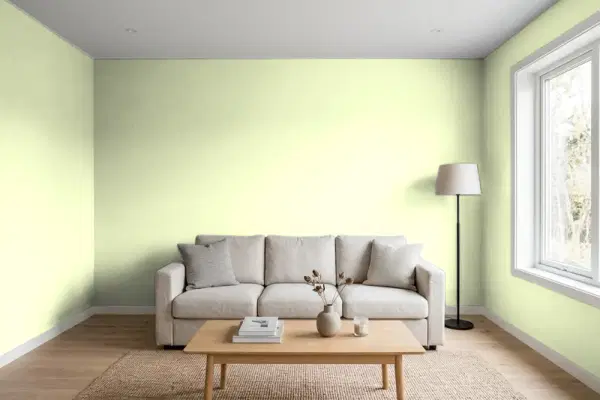 Living room with walls painted Benjamin Moore Polar Lights 400 (simulated)
