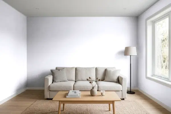 Living room with walls painted Benjamin Moore Polar White 2069-70 (simulated)