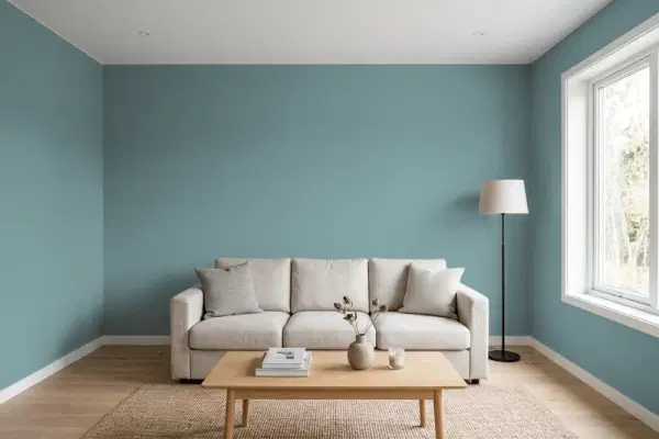Living room with walls painted Behr Polaris Blue PPU13-06 (simulated)