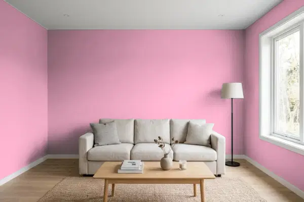 Living room with walls painted Valspar Polka Pink 1006-4A (simulated)