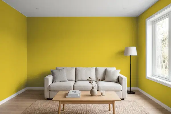 Living room with walls painted PPG Paints Pollination 1215-7 (simulated)