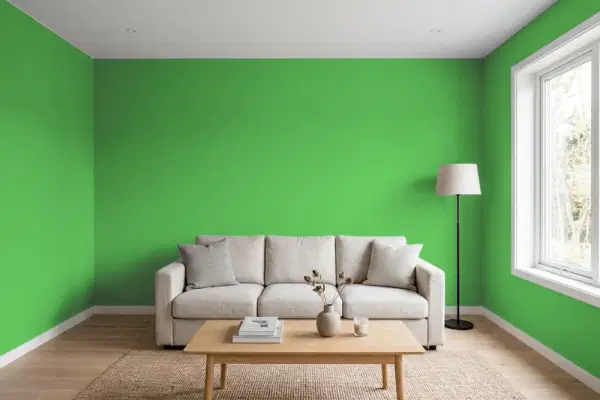 Living room with walls painted Valspar Polly Green 6003-8C (simulated)