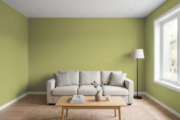Living room with walls painted Benjamin Moore Ponderosa Pine 531 (simulated)