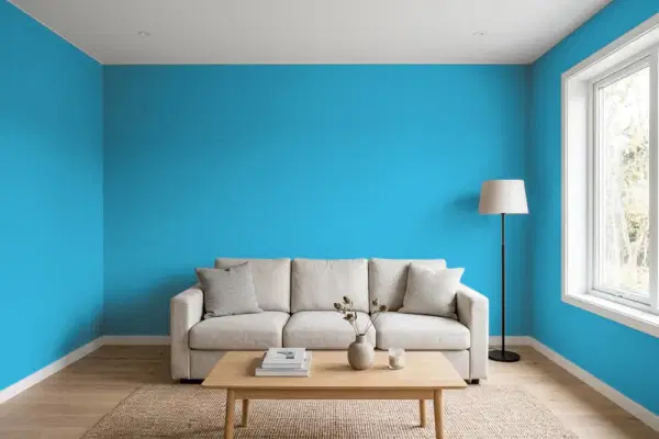 Living room with walls painted Valspar Pool Party 5002-10B (simulated)
