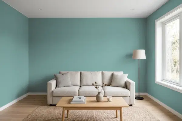 Living room with walls painted Behr Pool Tide ECC-60-3 (simulated)