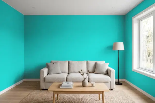 Living room with walls painted Benjamin Moore Poolside Blue 2048-40 (simulated)