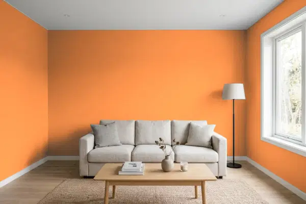 Living room with walls painted Behr Poppy Glow 250B-6 (simulated)