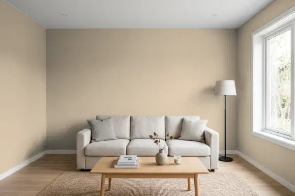 Living room with walls painted Sherwin-Williams Portico SW 7548 (simulated)
