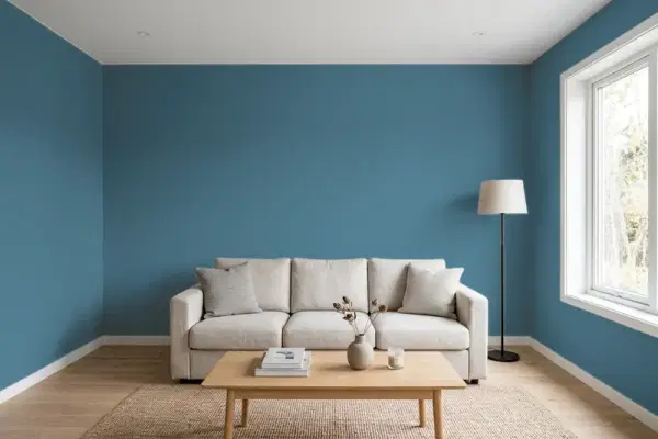 Living room with walls painted Behr Poseidon S480-6 (simulated)
