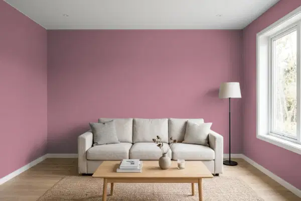 Living room with walls painted Valspar Posh Rose 1006-5B (simulated)