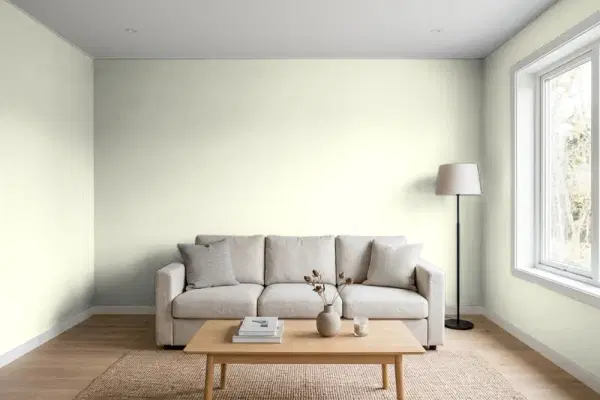 Living room with walls painted Behr Positive Energy S370-1 (simulated)