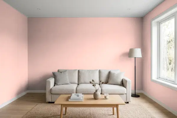 Living room with walls painted Behr Positively Pink T18-01 (simulated)