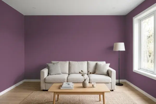 Living room with walls painted PPG Paints Positively Purple 13-08 (simulated)