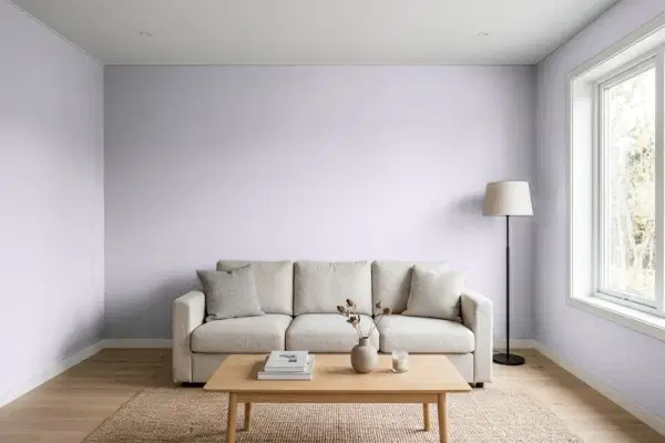 Living room with walls painted Behr Posture & Pose N560-1 (simulated)