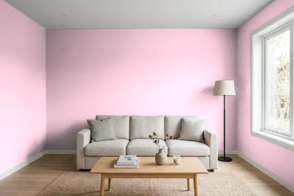 Living room with walls painted Benjamin Moore Posy Pink 2080-60 (simulated)