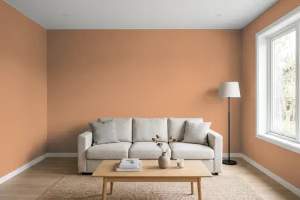 Living room with walls painted Benjamin Moore Potters Clay CC-360 (simulated)