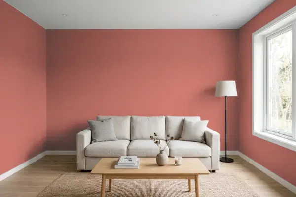 Living room with walls painted Benjamin Moore Potters Wheel 1294 (simulated)