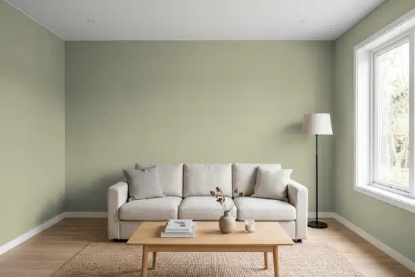 Living room with walls painted Behr Potting Moss BXC-82 (simulated)