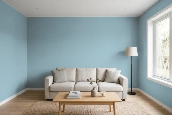 Living room with walls painted Sherwin-Williams Powder Blue SW 2863 (simulated)