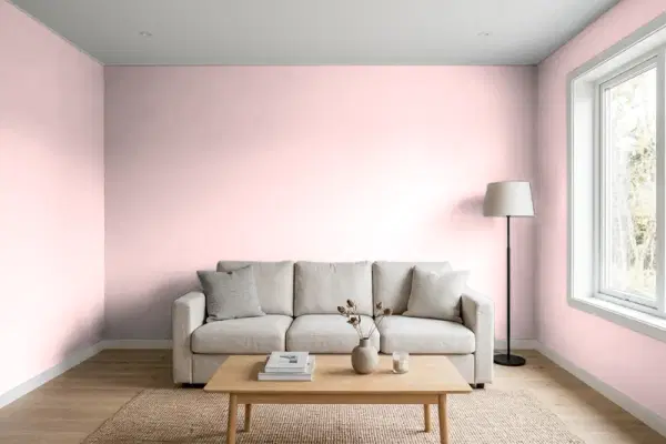 Living room with walls painted Benjamin Moore Powder Blush 1338 (simulated)