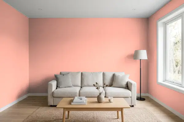 Living room with walls painted Behr Powdered Petals 200D-4 (simulated)