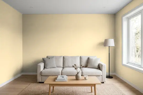 Living room with walls painted Benjamin Moore Powell Buff HC-35 (simulated)