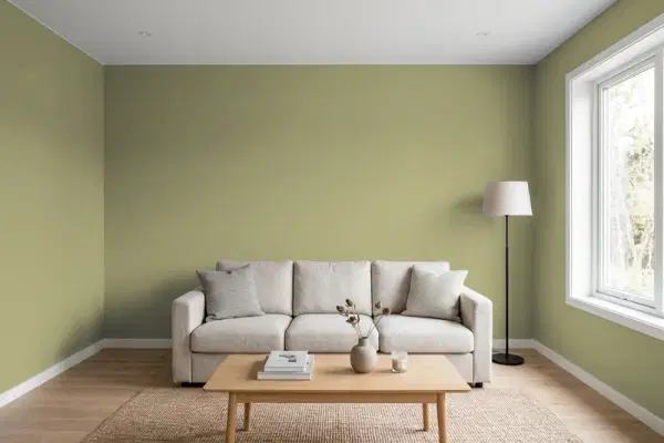 Living room with walls painted Valspar Prairie Brush 6003-4B (simulated)