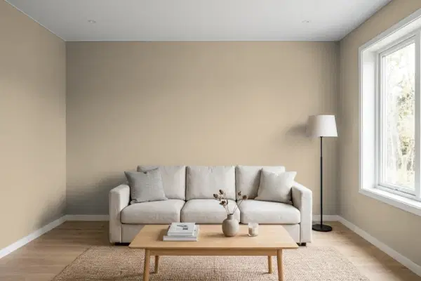 Living room with walls painted Sherwin-Williams Prairie Grass SW 7546 (simulated)