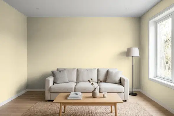 Living room with walls painted Behr Prairie House PPU9-12 (simulated)