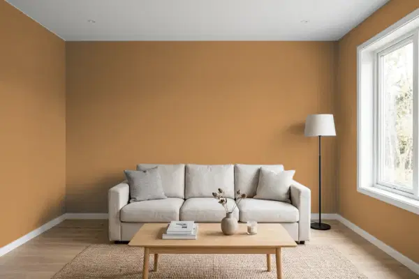 Living room with walls painted Valspar Praline Cake 3004-7A (simulated)