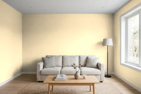 Living room with walls painted Benjamin Moore Precious Ivory 185 (simulated)
