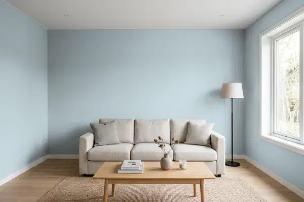 Living room with walls painted Behr Prelude 740E-3 (simulated)