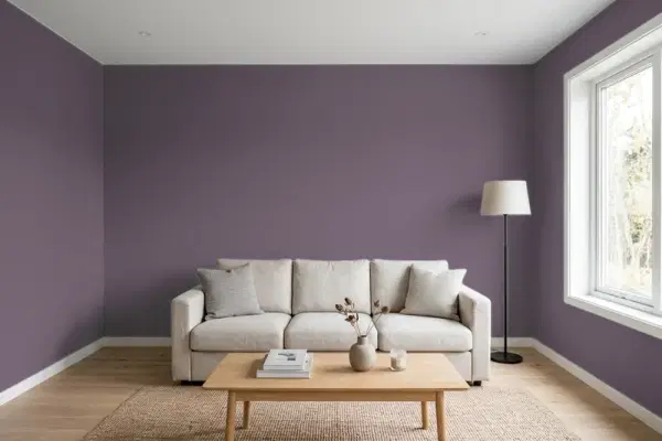 Living room with walls painted Behr Preservation Plum PPU17-05 (simulated)