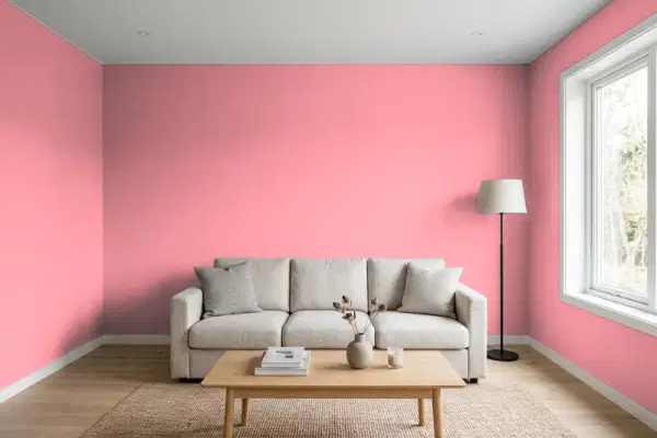Living room with walls painted Benjamin Moore Pretty in Pink 1334 (simulated)