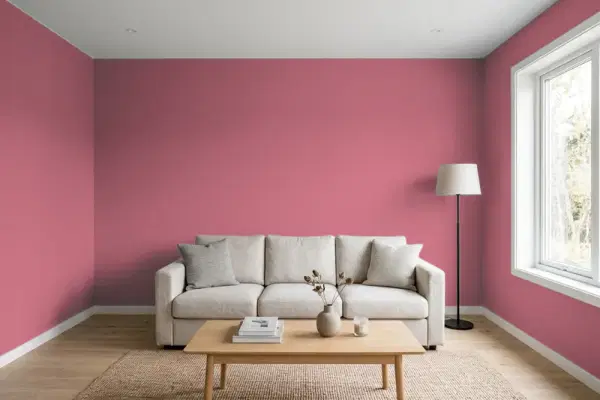 Living room with walls painted Valspar Pretty Peony 1006-3B (simulated)