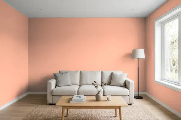 Living room with walls painted Behr Priceless Coral M180-4 (simulated)