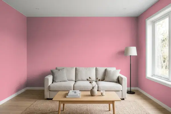 Living room with walls painted Benjamin Moore Princess 1272 (simulated)